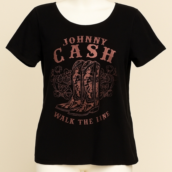 Tops - Johnny Cash Walk The Line Graphic Tee Black Country Music T-Shirt Size Medium